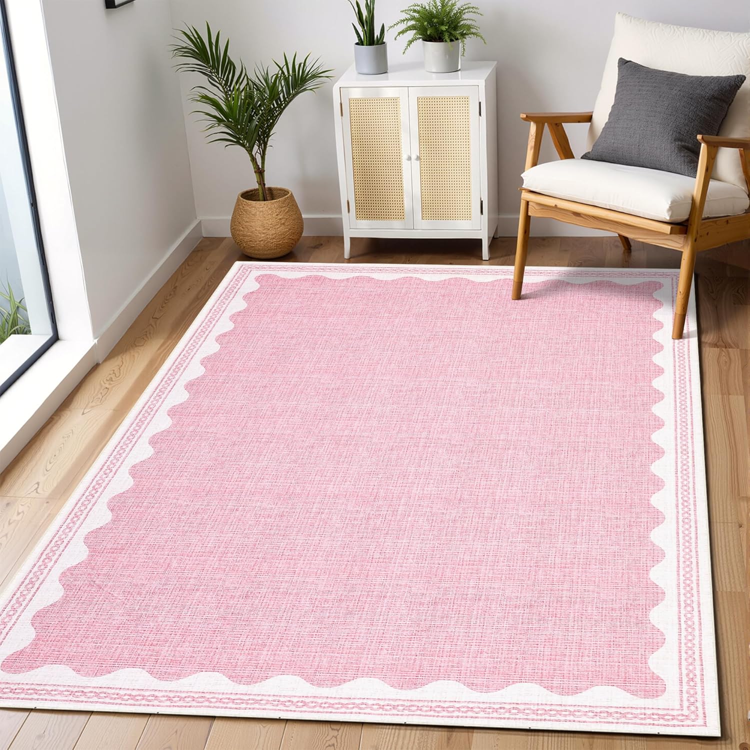 GarveeHome Scalloped 3x5 Washable Rug Non-Slip Low-Pile Indoor Rugs for Entryway Solid Pink Modern Minimalism Carpet for Bedroom Living Room Kitchen Bathroom Indoor Mat  ***? PINK***